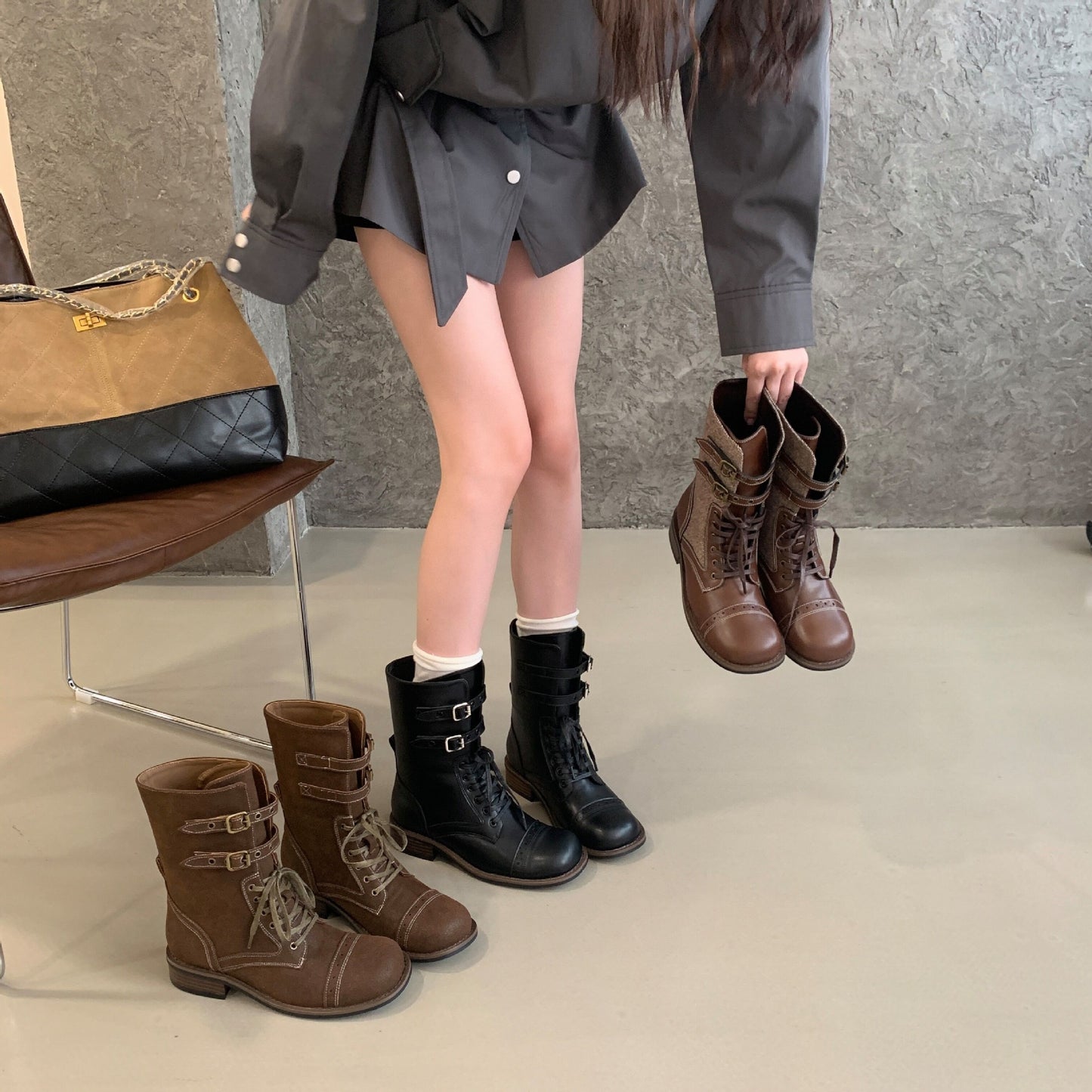 Fashionable Metal Buckle Knight Retro Color Women's Leather Boots