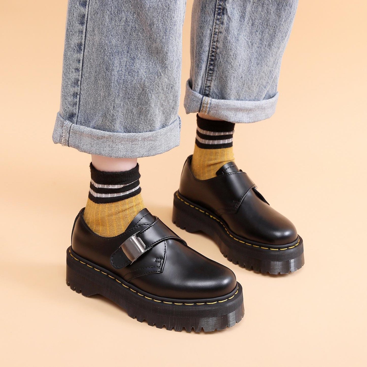 Women's Thick-soled Buckle British Platform Height Increasing Women's Casual Shoes