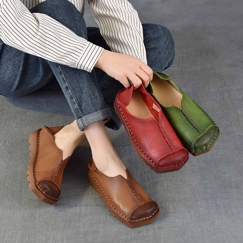 Women's First Layer Cowhide Vintage Soft Bottom Surface Square Toe Step-on Women's Casual Shoes