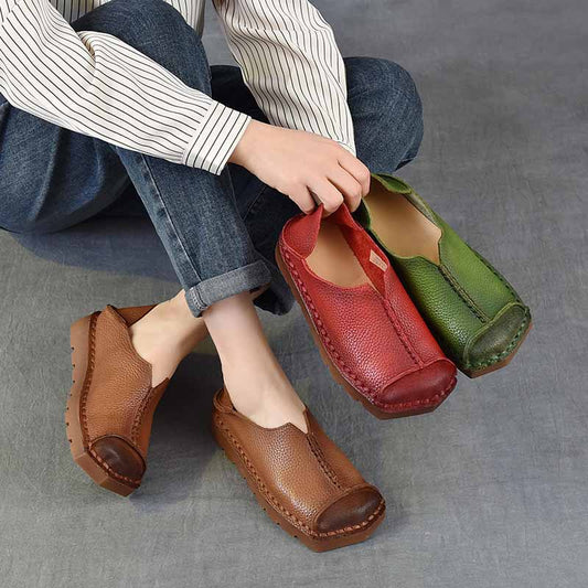 Women's First Layer Cowhide Vintage Soft Bottom Surface Square Toe Step-on Women's Casual Shoes