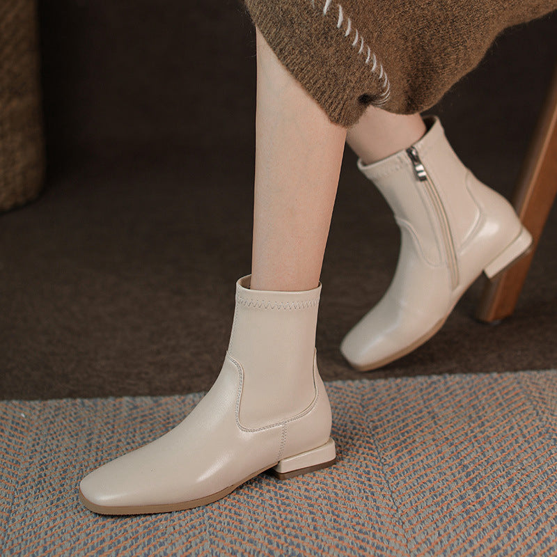 Women's Small Beige Flat Ankle Simple Stretch Women's Leather Boots
