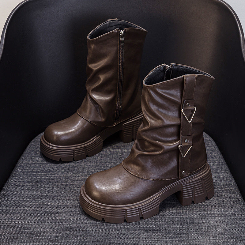 Women's Pants Martin Autumn Fashion Thick Bottom Solid Color Trendy Women's Leather Boots