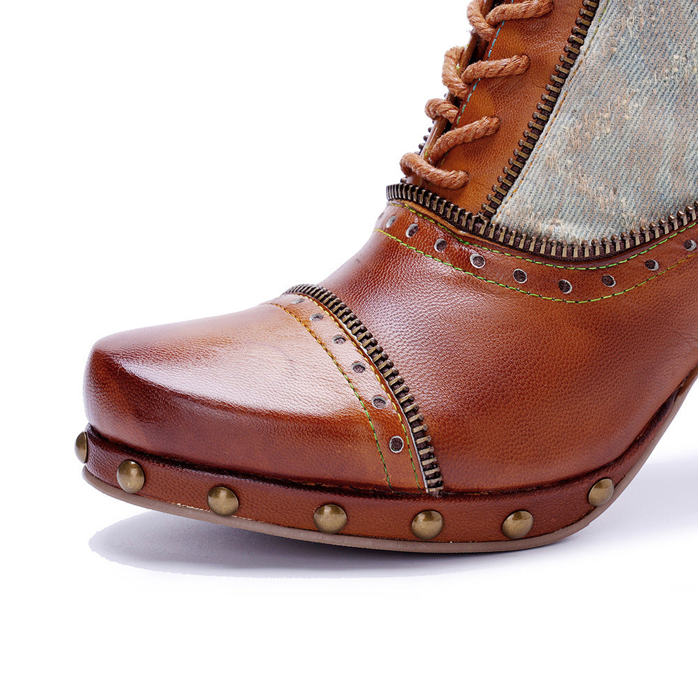 Women's Hand-rub Color Stitching Locomotive Rivet Tie Women's Leather Boots