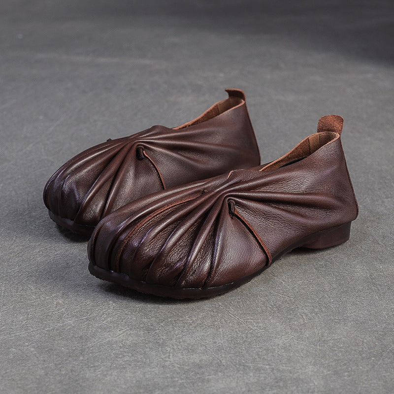 Women's Top Layer Cowhide Round Toe Portable Women's Casual Shoes