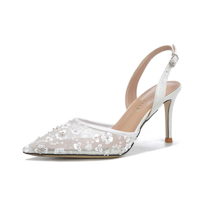 Women's Pointed Toe Mesh Lace High-heeled Rear Empty Women's Fashion Shoes