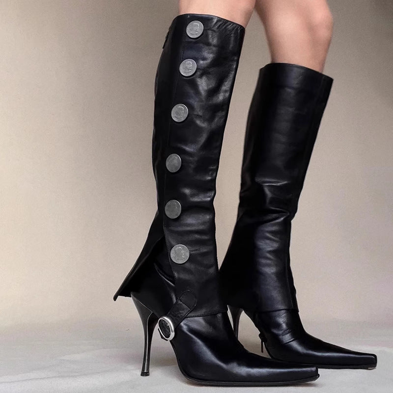 Detachable Two-way Retro Coin Long Female Below The Knee Pointed Women's Leather Boots