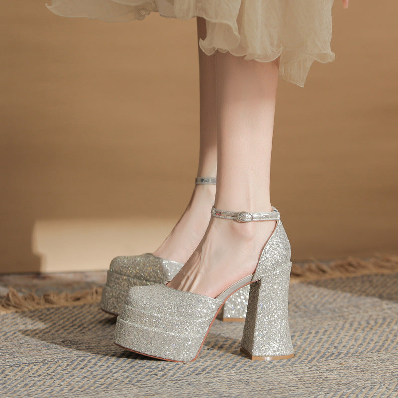 Women's Golden Square Toe Chunky Hollow Waterproof Platform Super High Wedding Women's Fashion Shoes