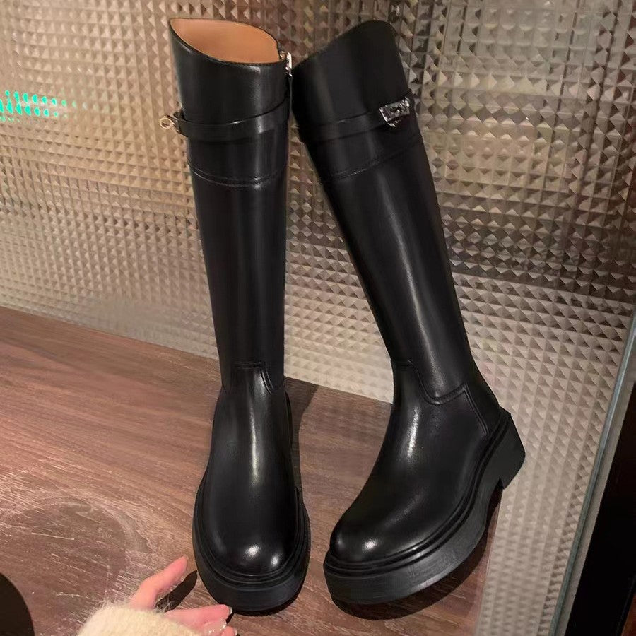 Quality Round Toe Lock Chunky Thigh High Knight Female Genuine Women's Leather Boots