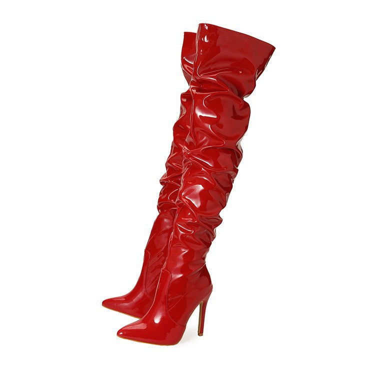 Women's Plus Size Catwalk Show Patent Slimming Pointed Stiletto Women's Leather Boots