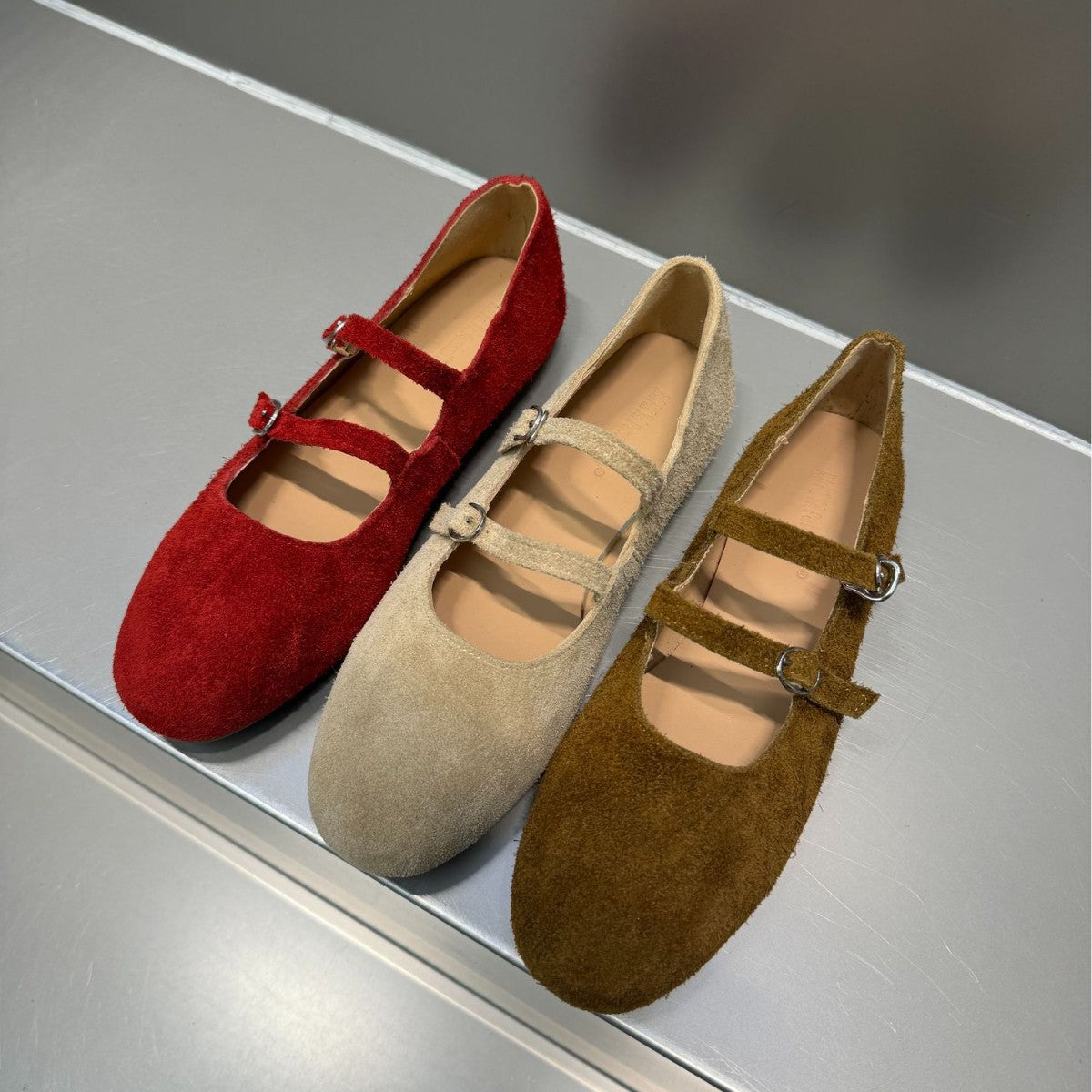 Cow Suede Flat Bottom Ballet Shallow Mouth Design Word Buckle Women's Fashion Shoes