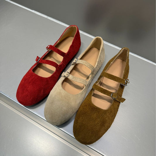 Cow Suede Flat Bottom Ballet Shallow Mouth Design Word Buckle Women's Fashion Shoes