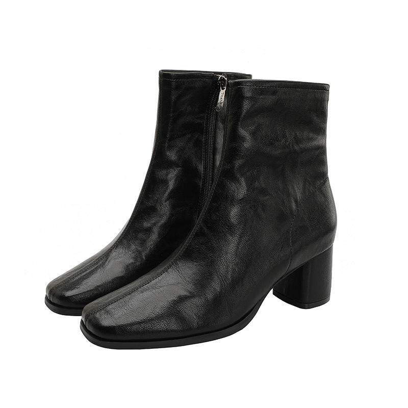 Women's Square Toe Chunky Side Zip Martin For Early Heels