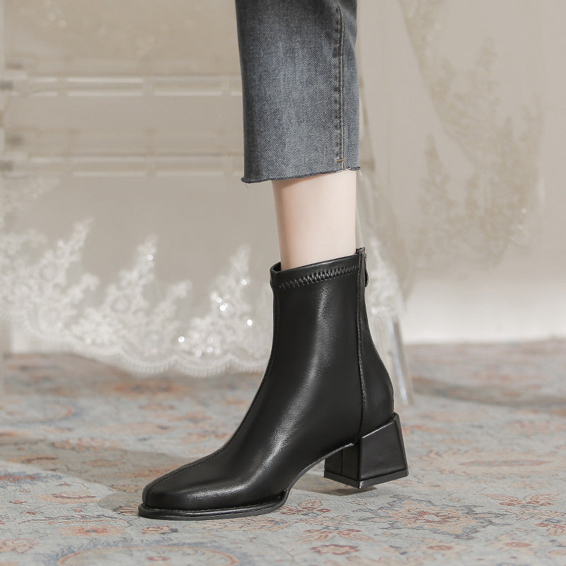 Women's Chunky Martin Simple Square Toe High Slimming Women's Leather Boots