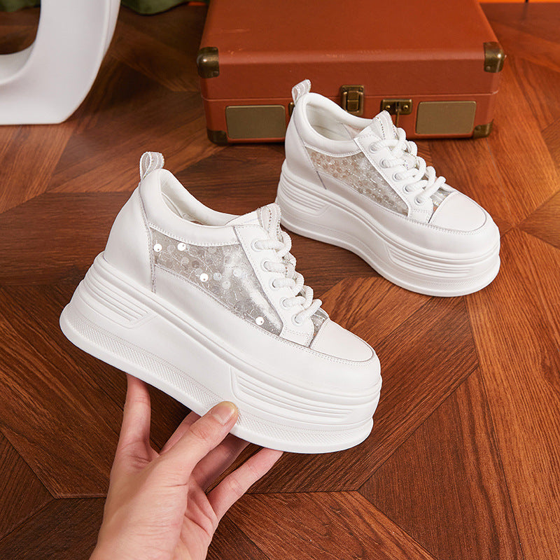 Women's Surface Hollowed White Breathable Platform Height Sneakers