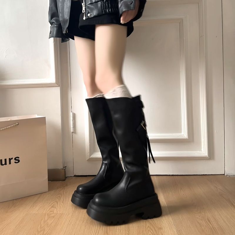 Small Thick Leg Slimming Bottom Female Belt Buckle Retro High Women's Leather Boots