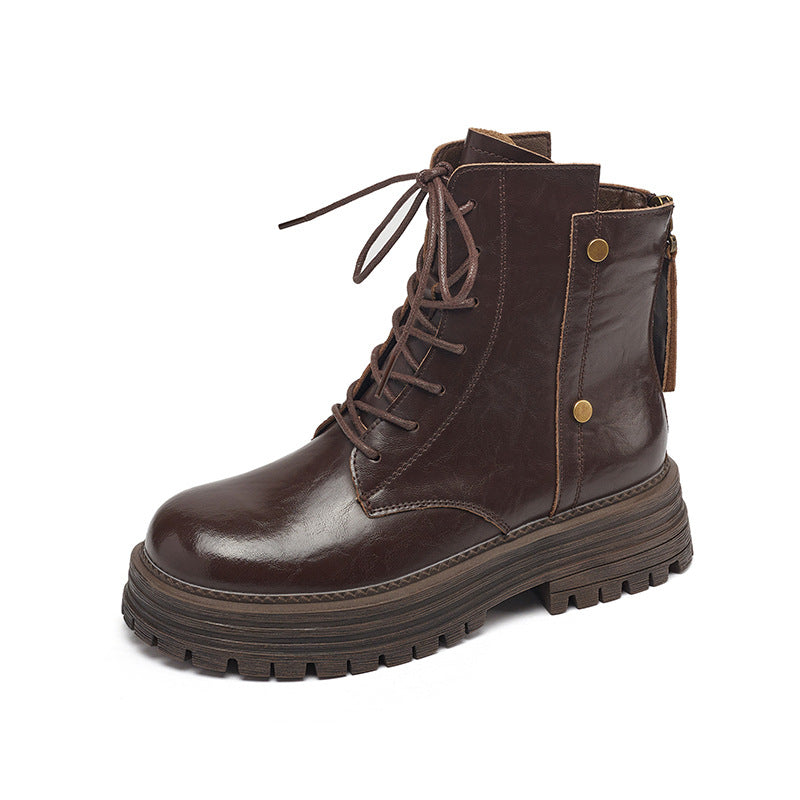 Women's Cowhide Martin Fleece-lined Platform Chunky Vintage Crumpled Motorcycle Women's Leather Boots