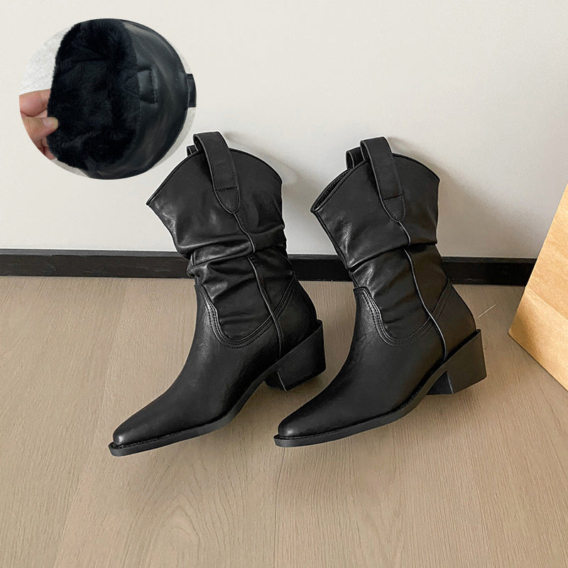 Riding Slimming Chunky Pointed Ankle Vintage Sleeve Pile Style With Women's Leather Boots