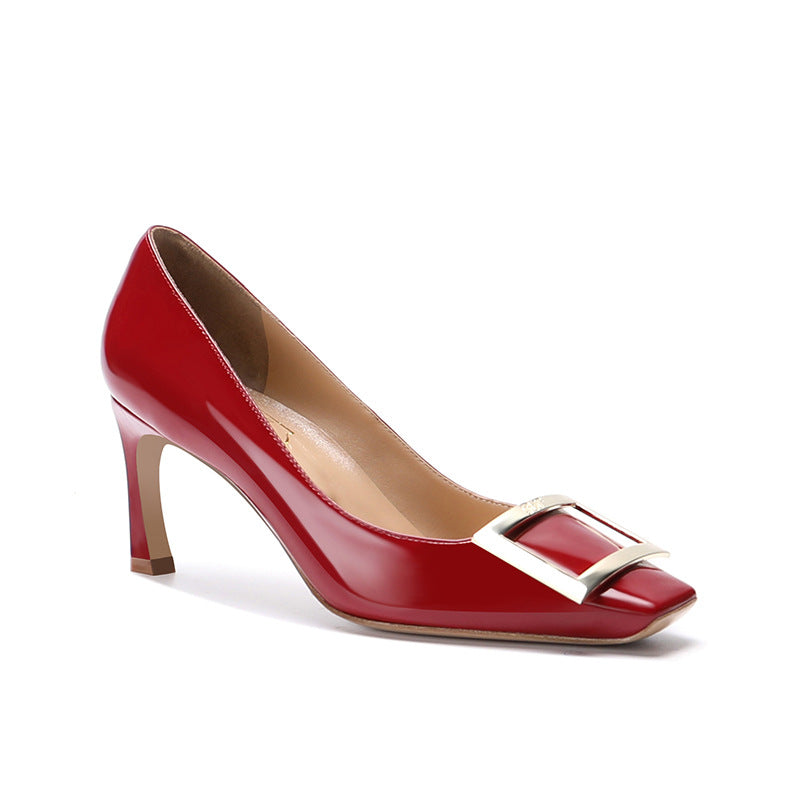 Women's Metal Buckle Patent Square Toe Mid Women's Casual Shoes