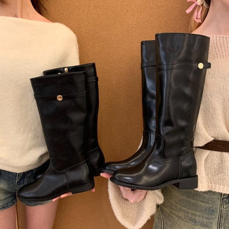 Soft Version Small Golden Button Thick Bottom High Boots