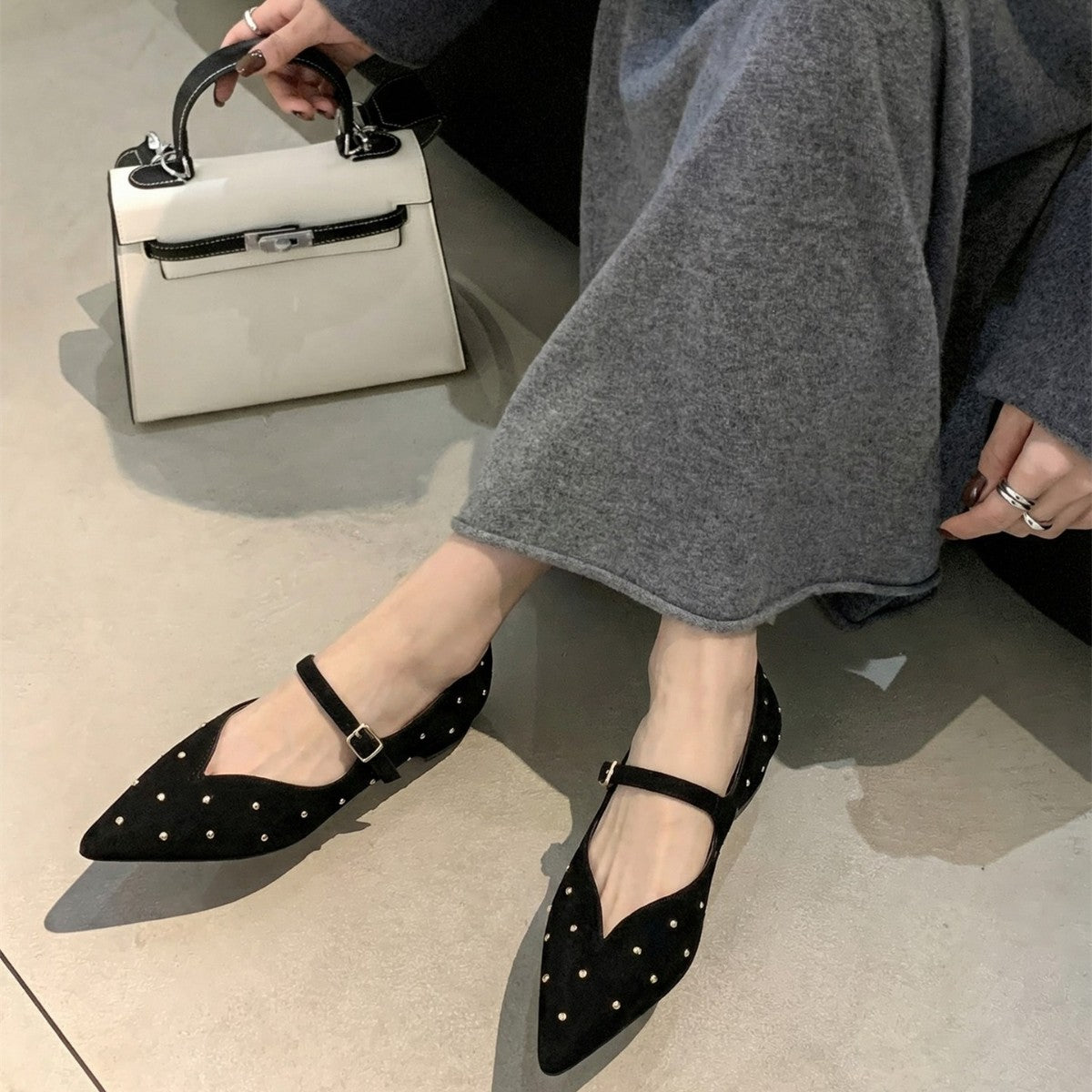 Women's Spring French Vintage Style Low Mary Jane Rivet Buckle Shallow Heels