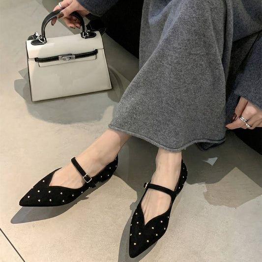 Women's Spring French Vintage Style Low Mary Jane Rivet Buckle Shallow Heels