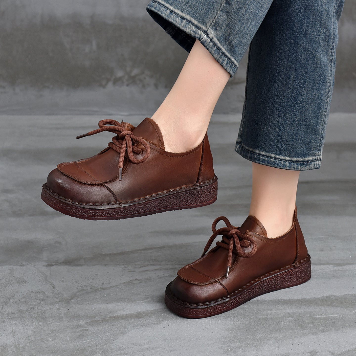 British Style Slip-on Handmade Round Toe Cowhide Casual Shoes