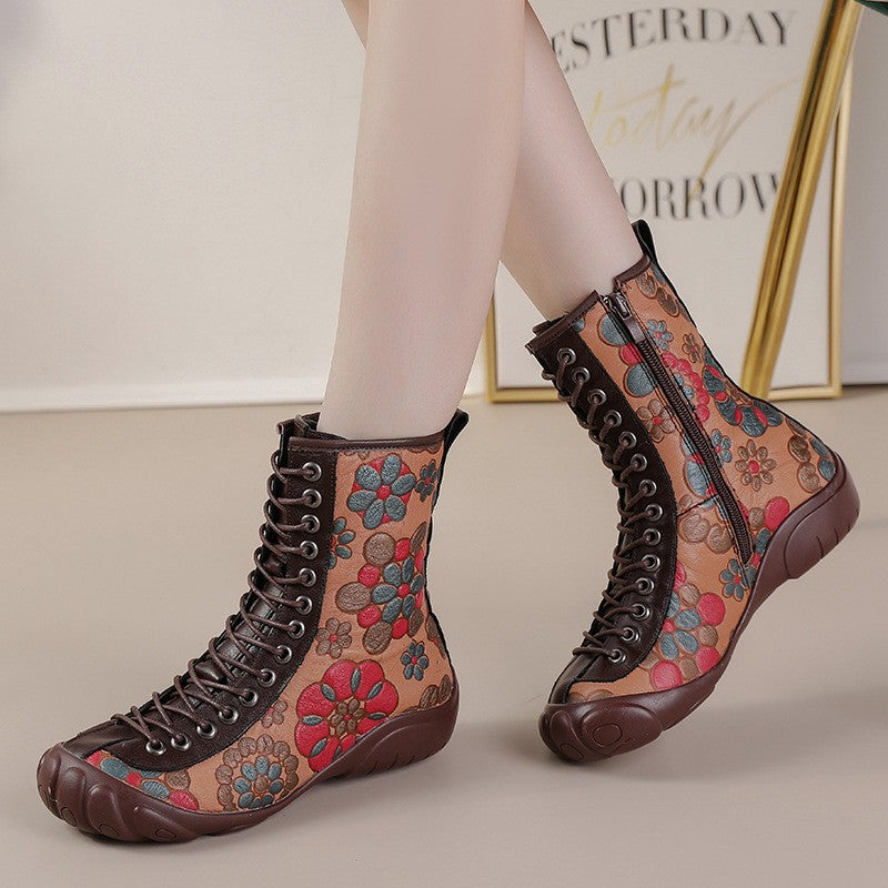 Women's Tendon Bottom Ethnic Style Genuine Printing Martin Women's Cotton Shoes