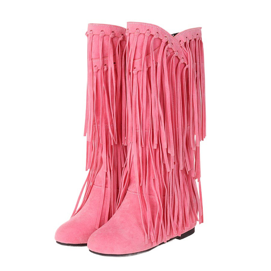 Women's Tassel Round Toe Invisible Elevated High Leg Long Women's Leather Boots