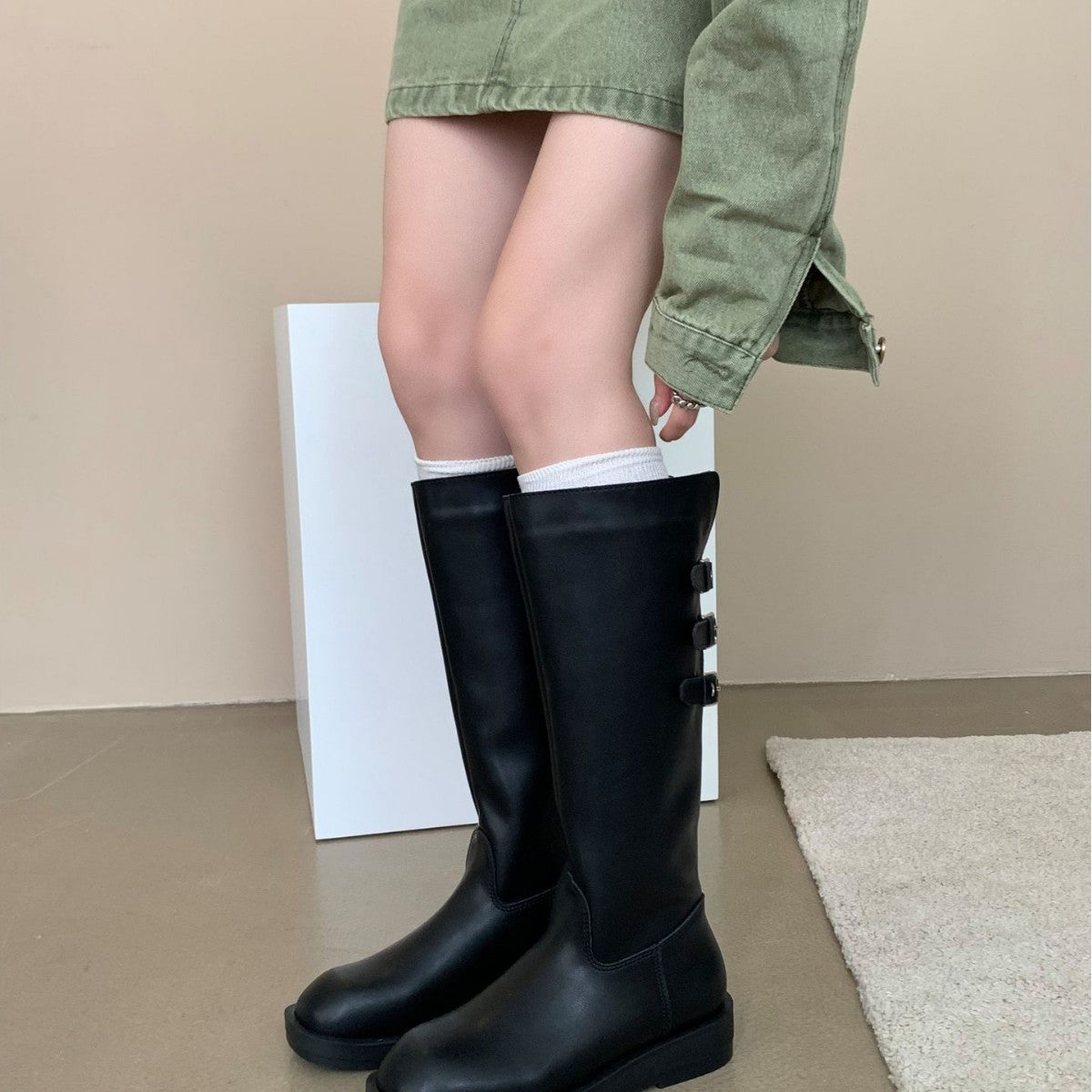 Women's Flat Bottom Small Chunky Tall Knight Women's Leather Boots
