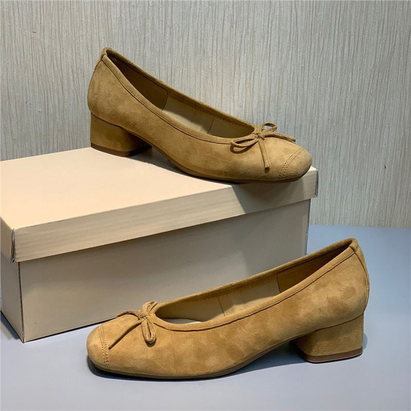 Women's Shallow Mouth Mid Round Head Genuine Bow Women's Shoes