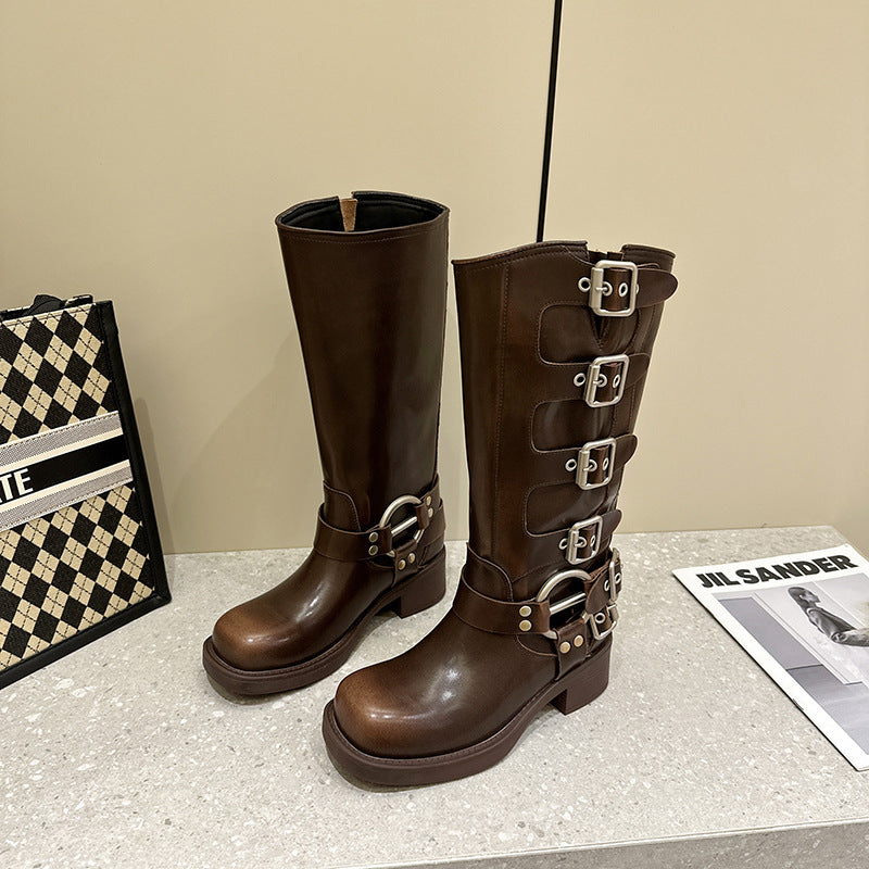 Brown Genuine Knee-high Square Head Sleeve Boots