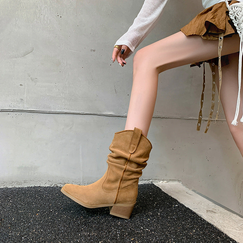 Women's Cowboy Frosted Suede Short Middle Pleated Boots