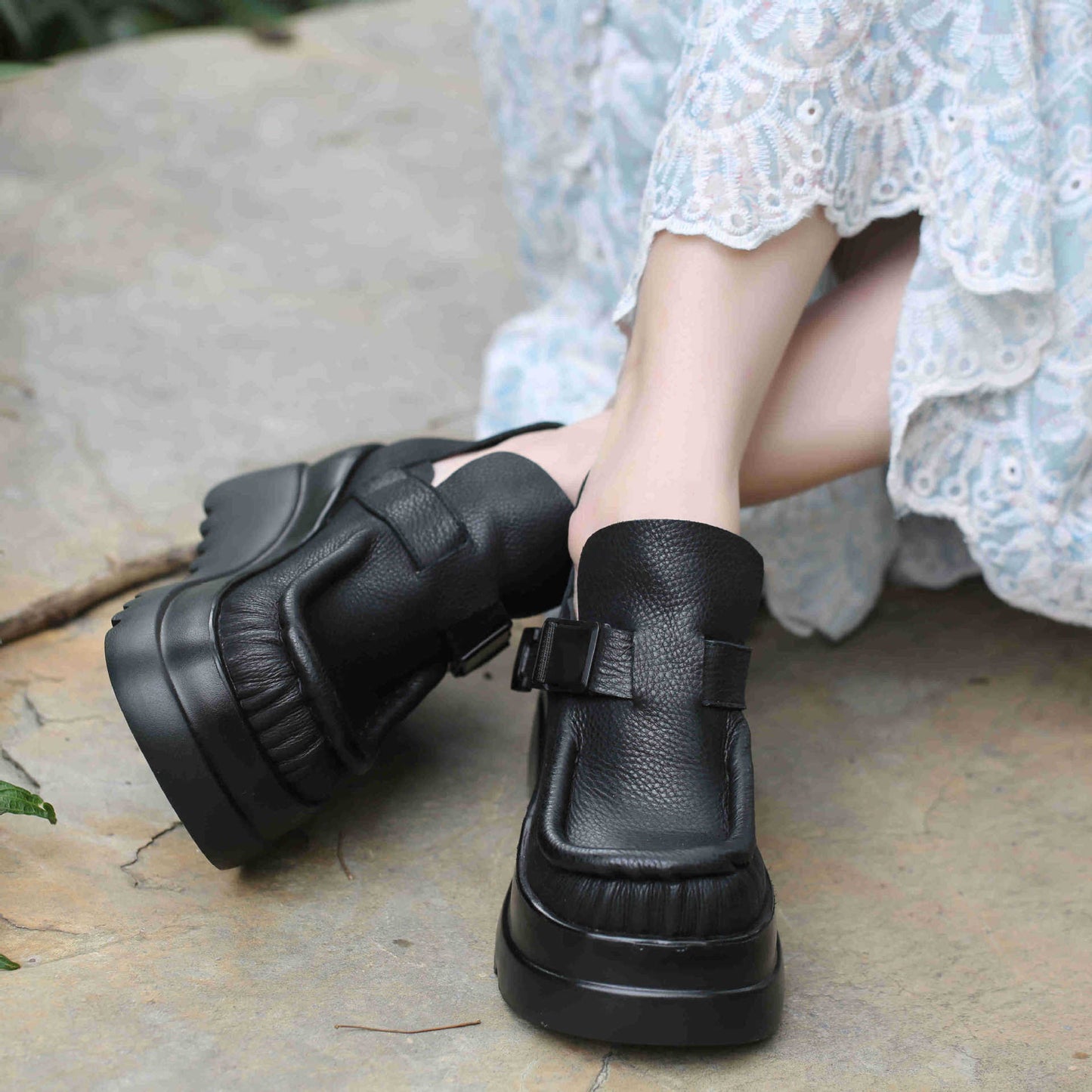 First Layer Cowhide Small Height Increasing Retro Platform Sandals
