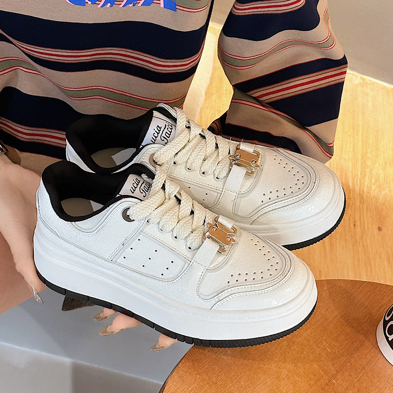 Women's Thick-soled Spring White Breathable Cowhide Women's Board Shoes