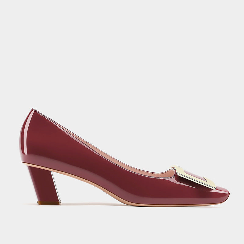 Women's Patent Square Buckle Chunky Mid Toe Low-cut Women's Fashion Shoes