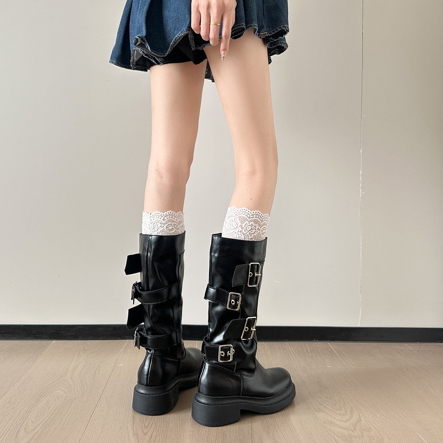 Women's Style Tube Knight Belt Buckle Thick Boots