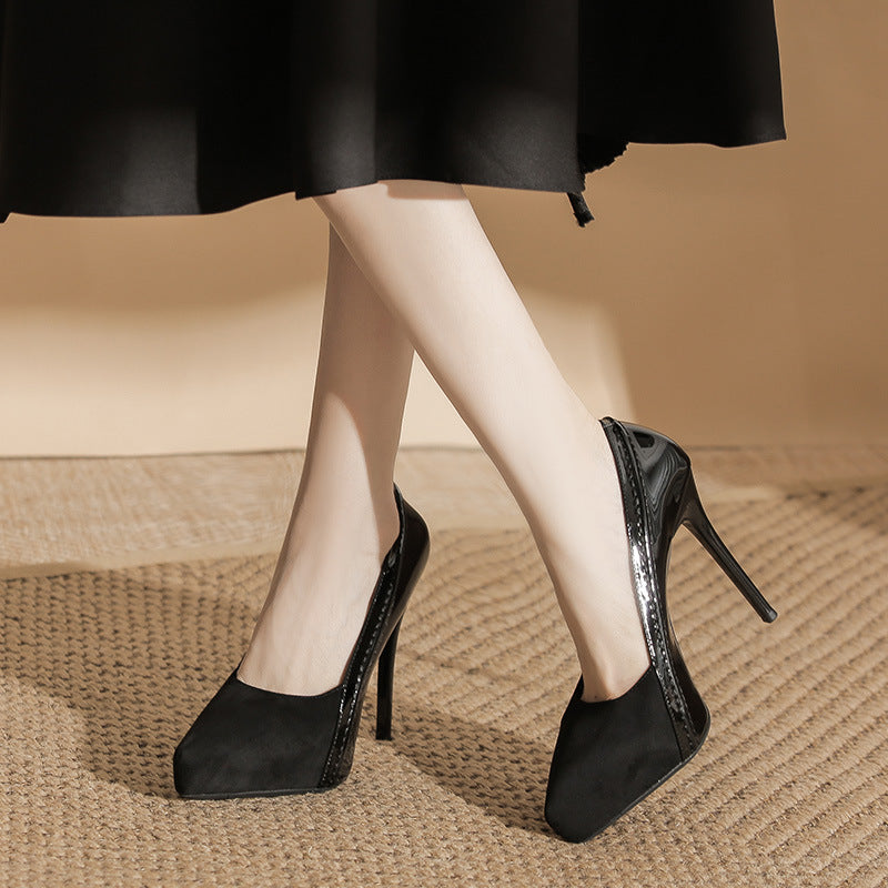 French Suede Pointed Stiletto High Elegant Inner Waterproof Platform Black Heels