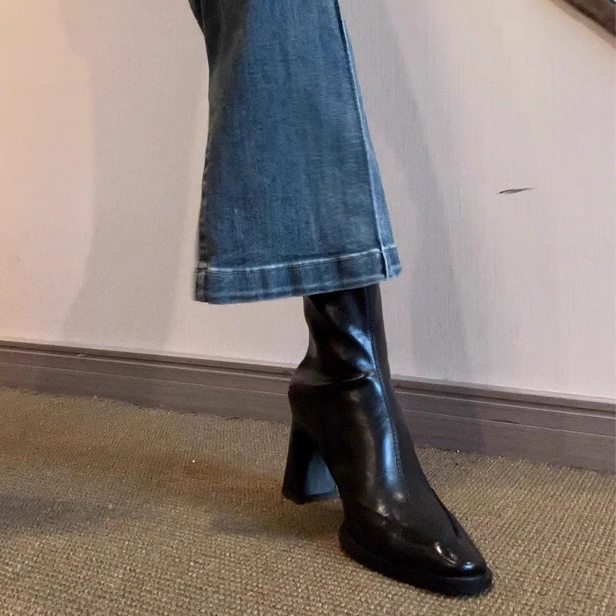 Skinny Square Toe Chunky High Stretch Women's Leather Boots