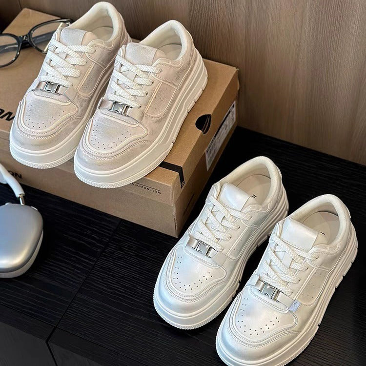 Women's Thick Bottom Pearlescent Lock White Sports Height Increasing Women's Casual Shoes