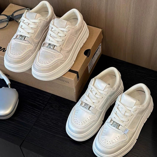 Women's Thick Bottom Pearlescent Lock White Sports Height Increasing Women's Casual Shoes