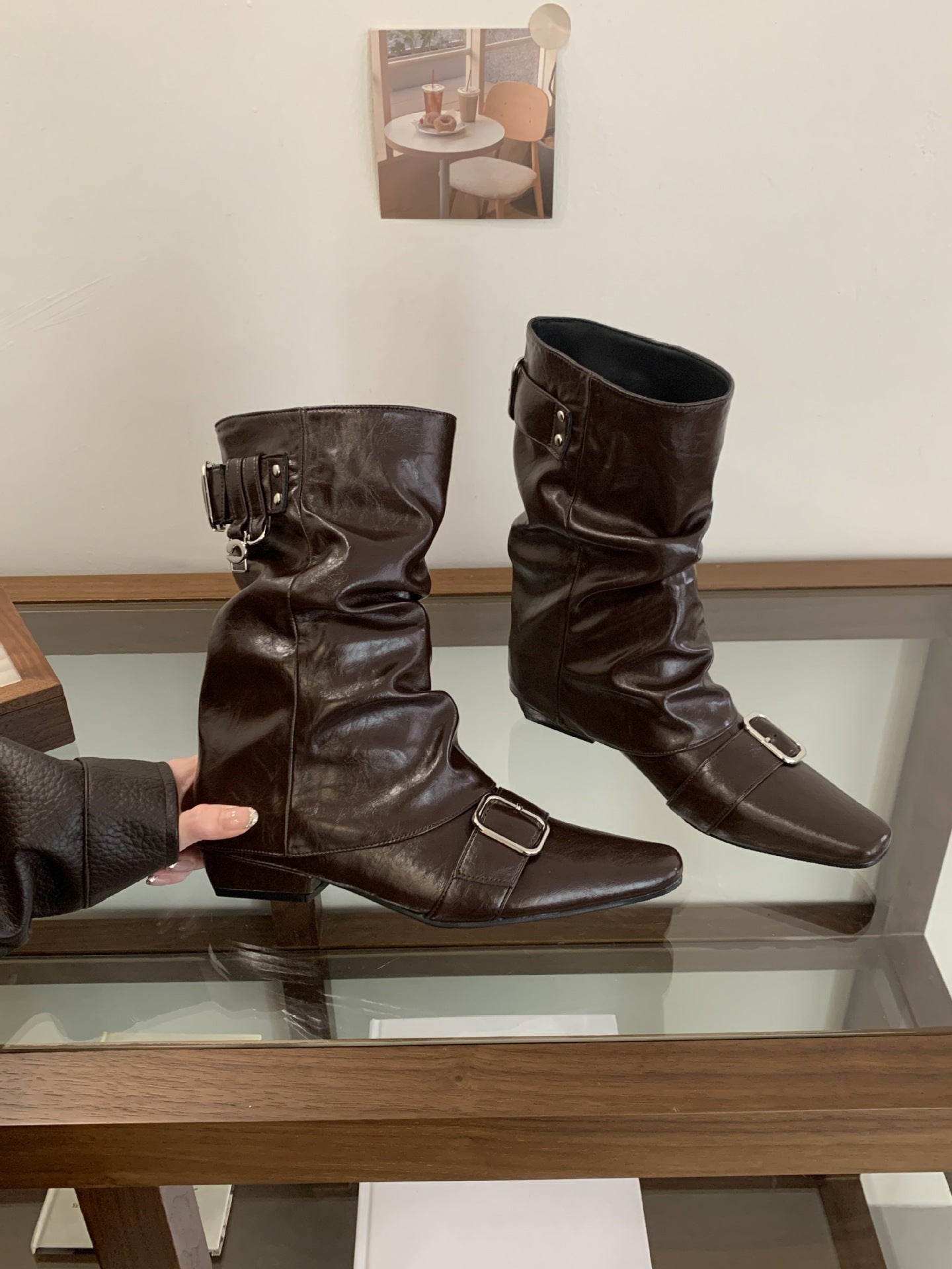 Women's Brown Belt Buckle Booties Western Pile Style Women's Leather Boots