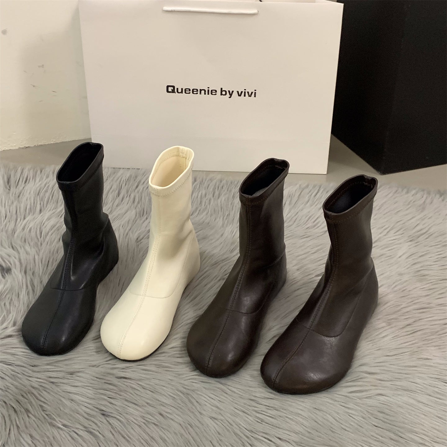Height Increasing Insole White French Style Ankle Female Big Head Women's Leather Boots