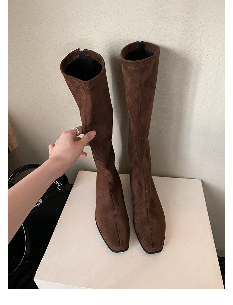 Women's Height Increasing Insole Suede High Slimming Tall Stretch Retro Women's Leather Boots