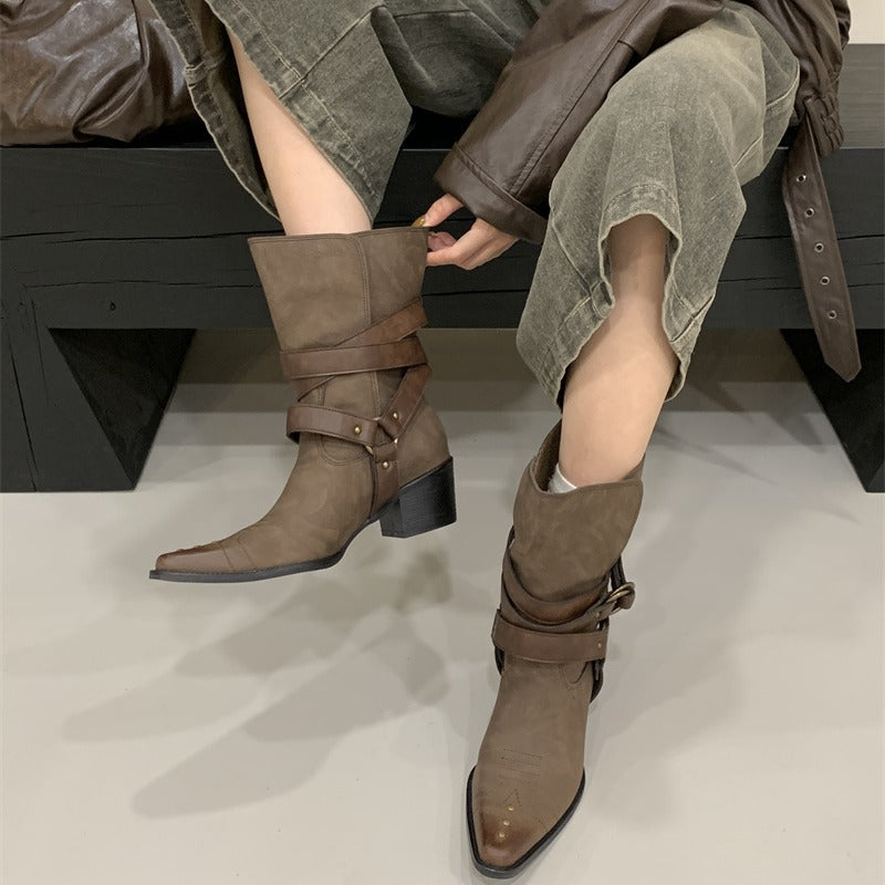 Women's Small Square Pointed Ankle Embroidery Western Cowboy Distressed Women's Leather Boots