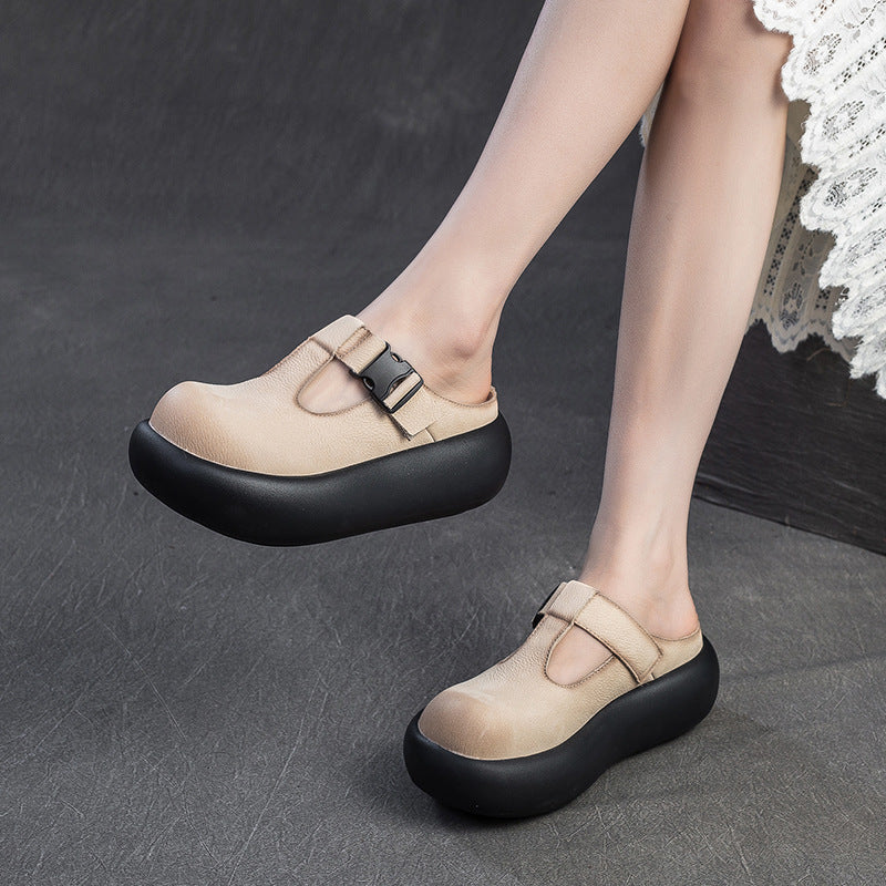 Women's First Layer Cowhide Closed Toe Light Luxury Minority Thick-soles Slippers