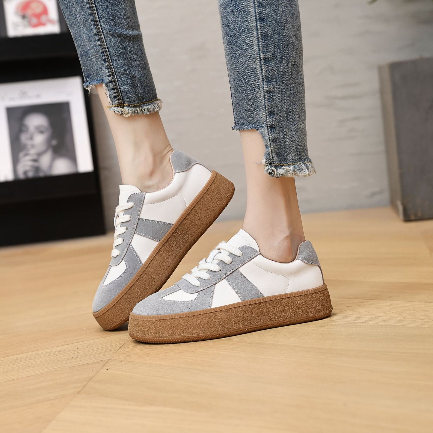 Women's Autumn Flat White German Training Thick Casual Shoes