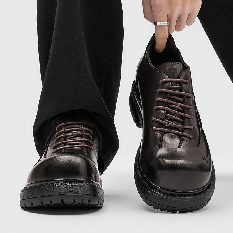 Men's Thick Bottom Derby Invisible Height Increasing Insole Niche Design British Men's Casual Leather Shoes