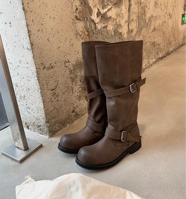 Wide Tube Large Round Toe Pants Chunky Platform Genuine Long Women's Leather Boots
