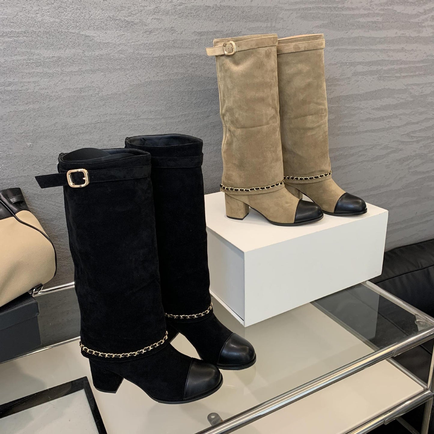 Long Female Thick Autumn Color Matching Tall Knight Slimming Straight Women's Leather Boots