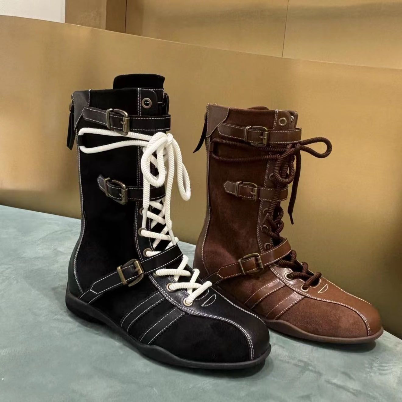 Women's Genuine Version Flat Bottom Increased Boxing Wedge Stitching Belt Buckle Boots